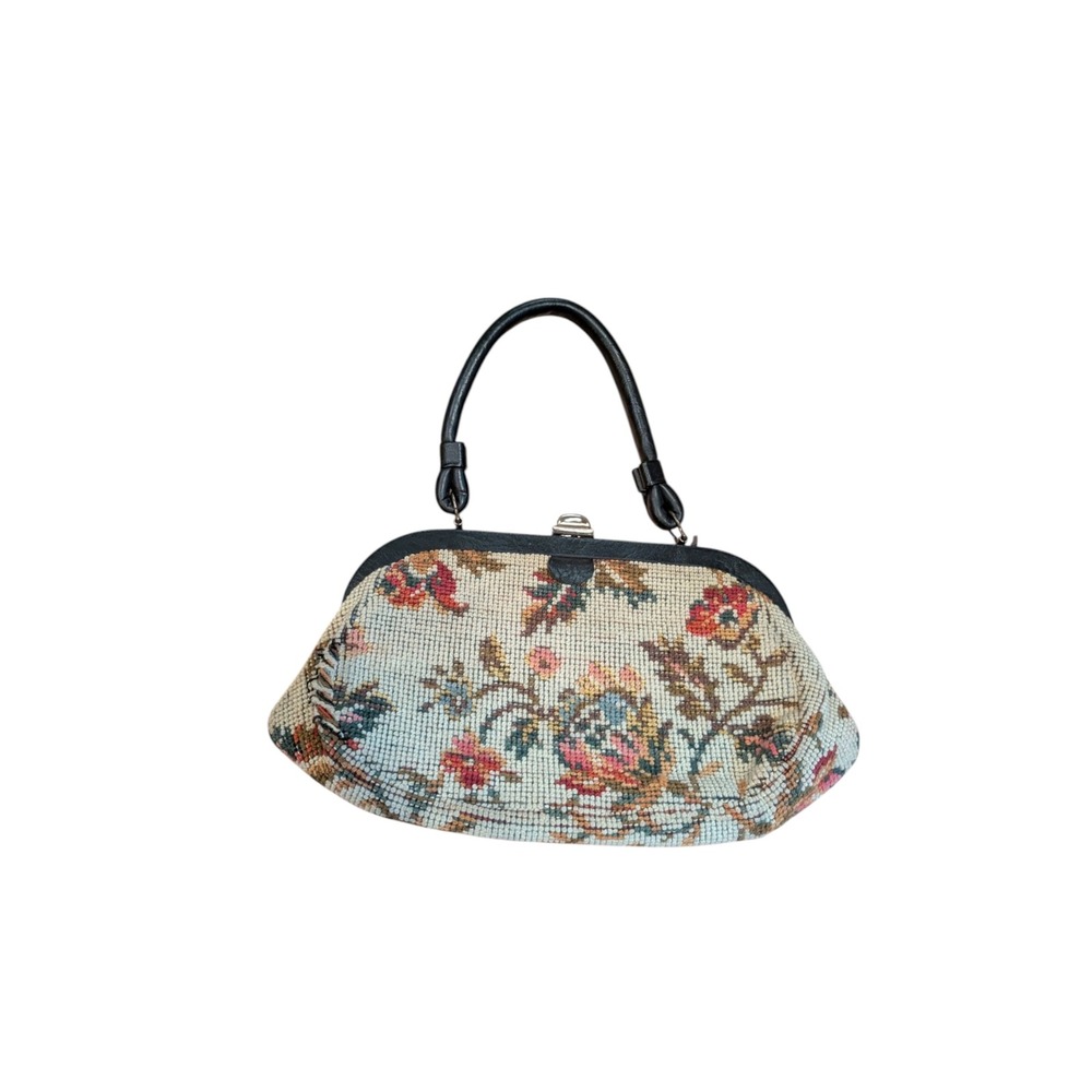 Vintage JR Florida Floral Tapestry Handbag Black Faux Leather Frame Bag 1960s - Picture 2 of 5